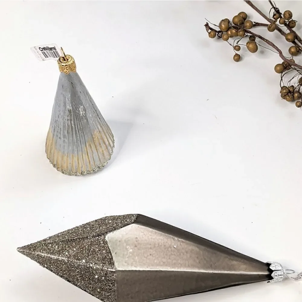 Crate& Barrel Set Of Two (2) Modern Mixed Metal Christmas Ornaments